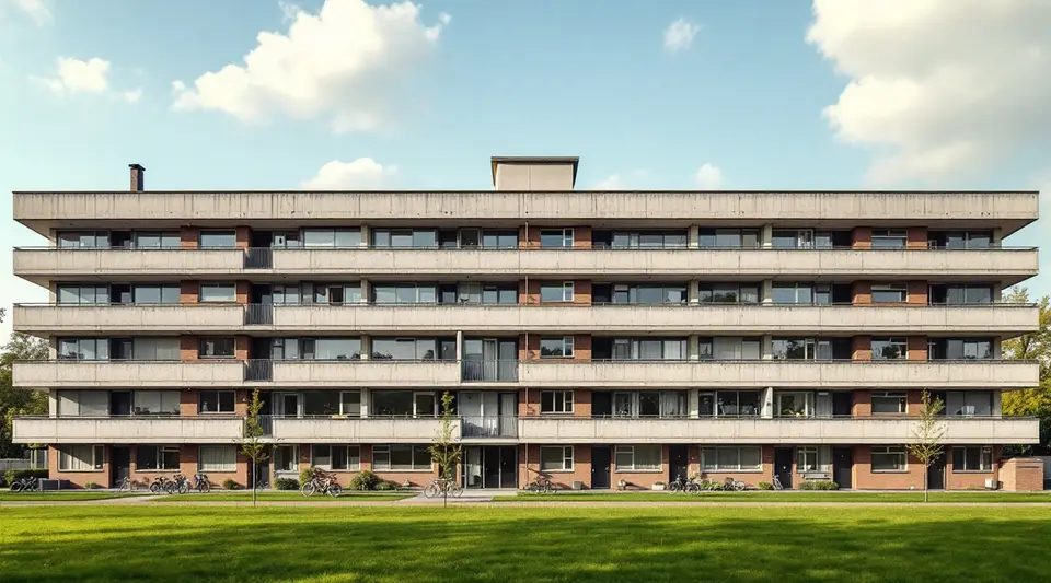 Een galerijflat uit de jaren zestig met lange open galerijen op elke verdieping, een grasveld en fietsen ervoor