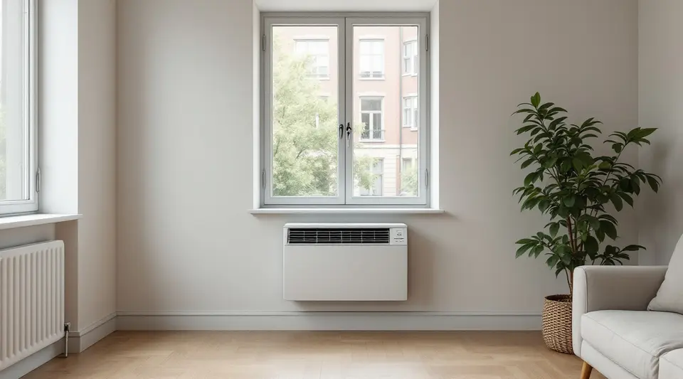 Een witte airco zonder buitenunit laag tegen de buitenmuur onder het raam van een lichte woonkamer in een appartement