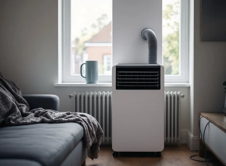 Een mobiele airco op wieltjes voor het raam van een woonkamer, met één grijze afvoerslang van de bovenkant naar een rond gat in de muur