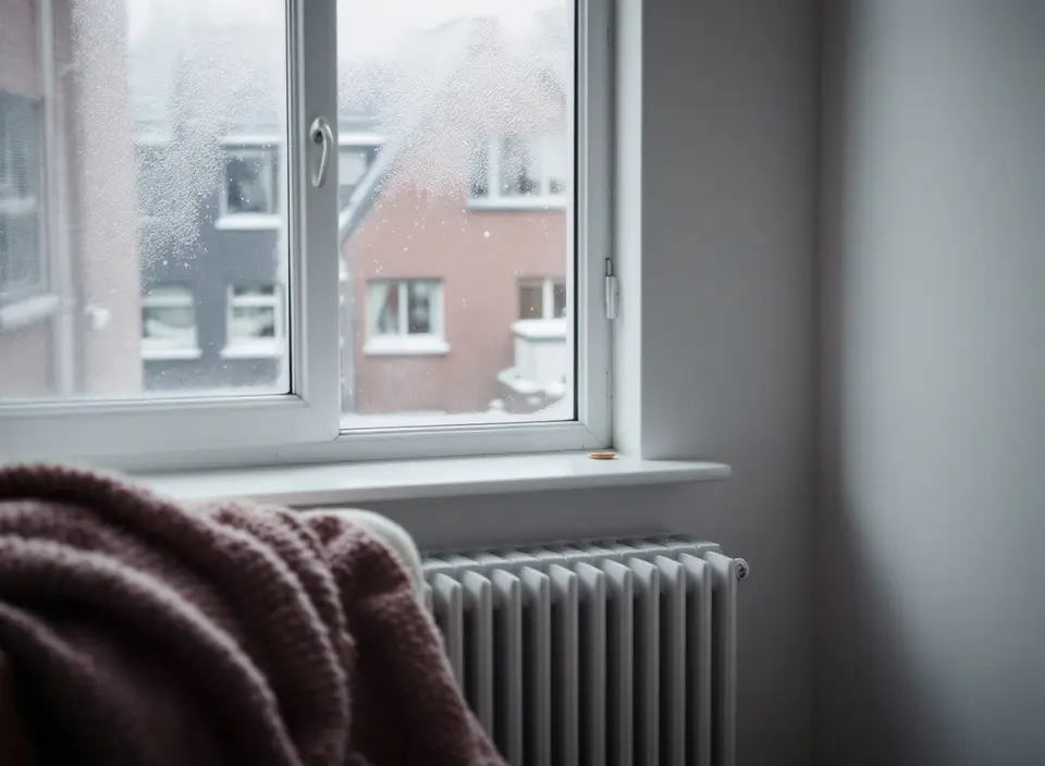 Een witte radiator onder een raam in de winter, met rijp op het glas en een besneeuwde straat buiten