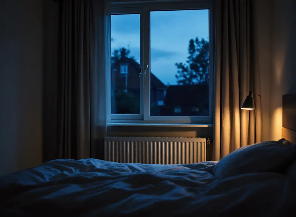 Een stille slaapkamer in de schemering, met een opgemaakt bed, half gesloten gordijnen en een leeslamp