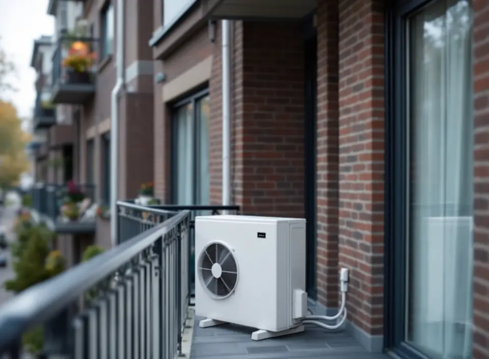 Een witte buitenunit van een split-airco op het balkon van een bakstenen appartementengebouw