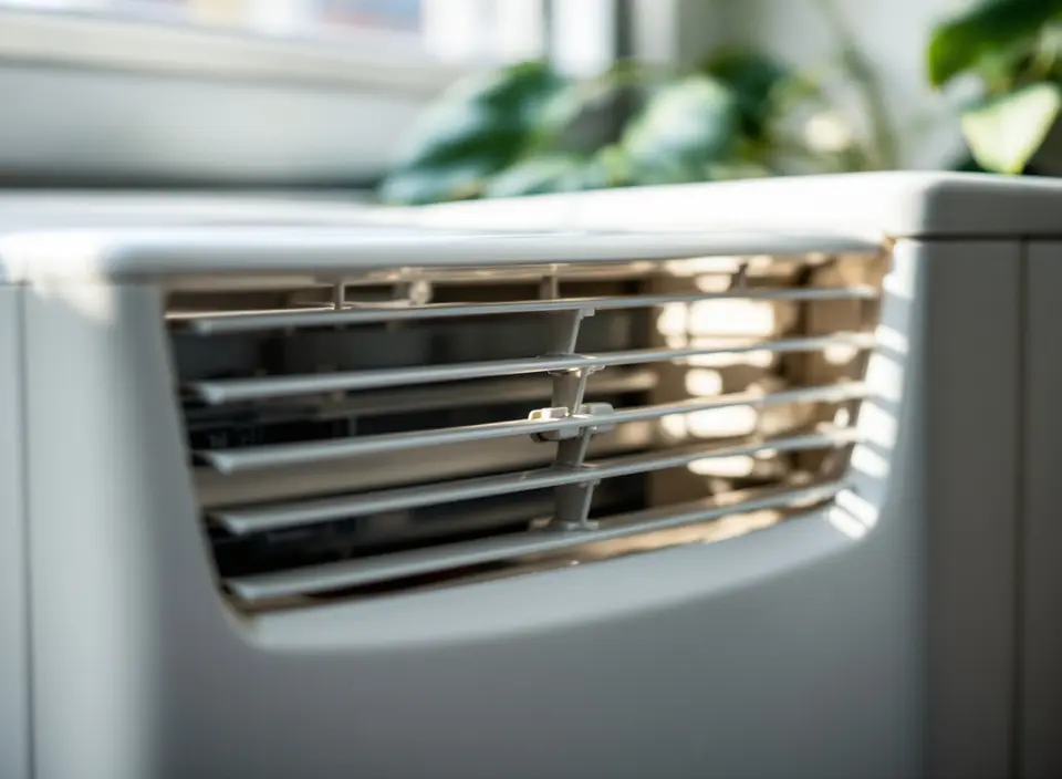 Close-up van de luchtuitblaas met verstelbare lamellen bovenop een witte airco onder een vensterbank