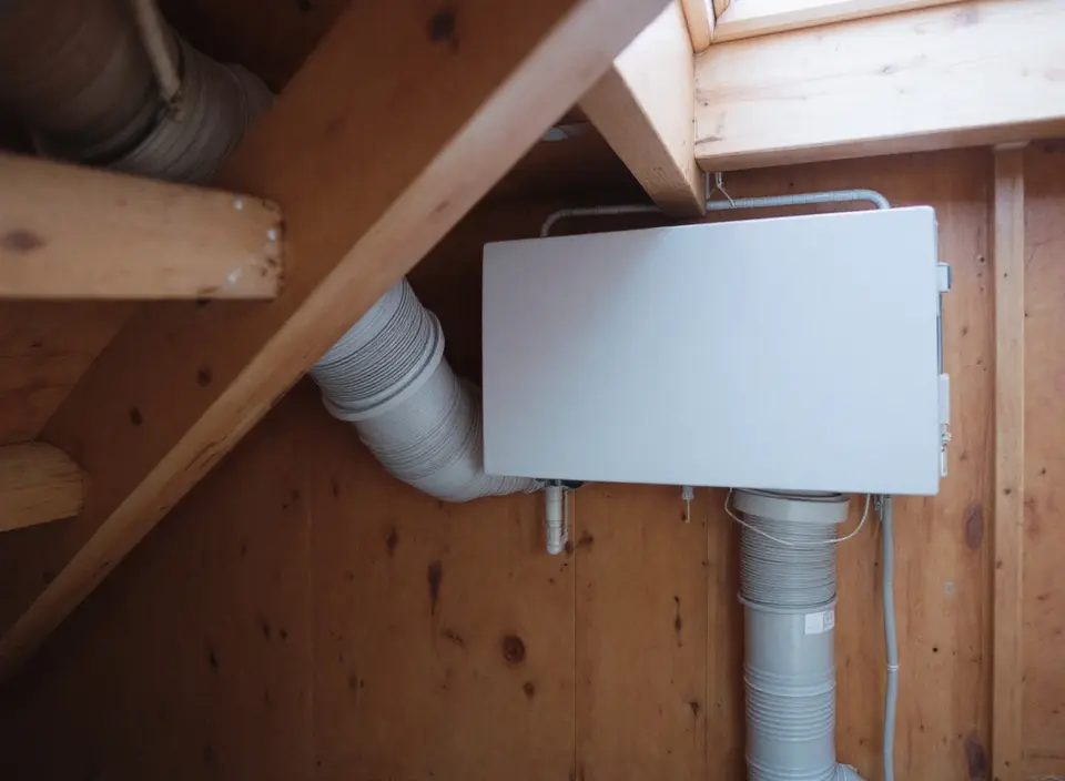 Een witte ventilatiebox aan een houten wand op zolder, met grijze ventilatiekanalen door het dak
