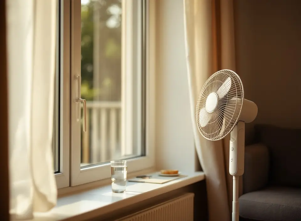 Een staande ventilator naast een open raam met een wapperend vitrage en een glas water op de vensterbank