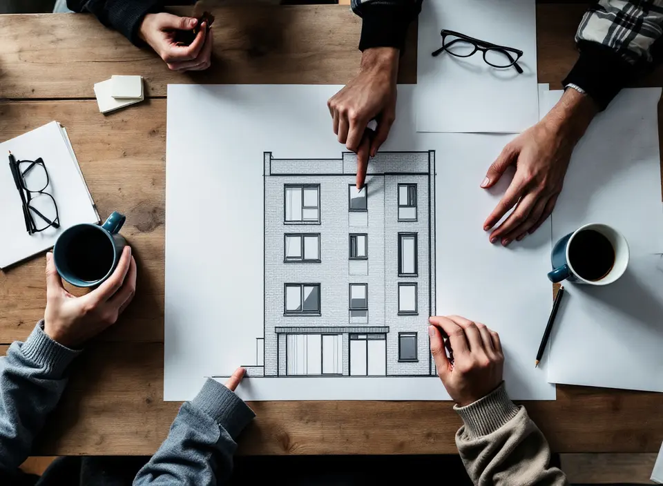 Bewoners buigen zich aan een houten tafel over een tekening van de gevel van hun appartementengebouw